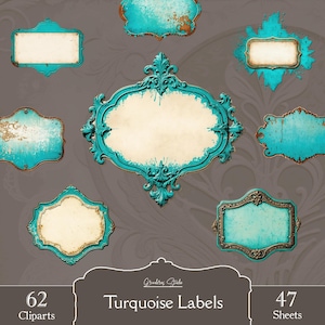 Zniszczone etykiety, cliparty PNG i 47 arkuszy, turkusowe, wiktoriańskie ramki, tagi i notatki, idealne do dzienników śmieciowych, do pobrania w wersji cyfrowej