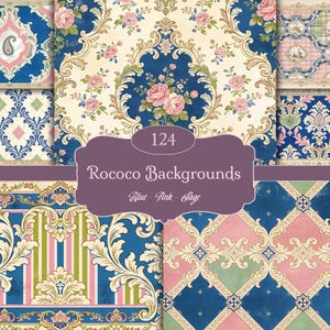 May include: A collection of Rococo backgrounds in blue, pink, and sage green. The designs feature floral patterns, paisley, and ornate scrollwork. The image includes the text "124 Rococo Backgrounds Blue Pink Sage."