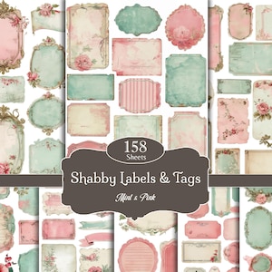 May include: A collection of 158 shabby labels and tags in mint and pink. The labels feature floral and ornate designs, with various shapes and sizes. Some labels have a distressed, vintage look, with text that reads "Shabby Labels & Tags" and "Mint & Pink".