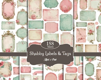 Shabby Chic Junk Journal Labels Kit, Embellishments, Vintage Ephemera Cutouts, Neutral Printable Scrap elements, Pink Mint, Digital Download
