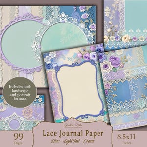 Kit de diário de renda macia, azul-petróleo e lilás, papéis para scrapbook shabby chic, folhas de colagem verde pastel, itens digitais, diário, artesanato