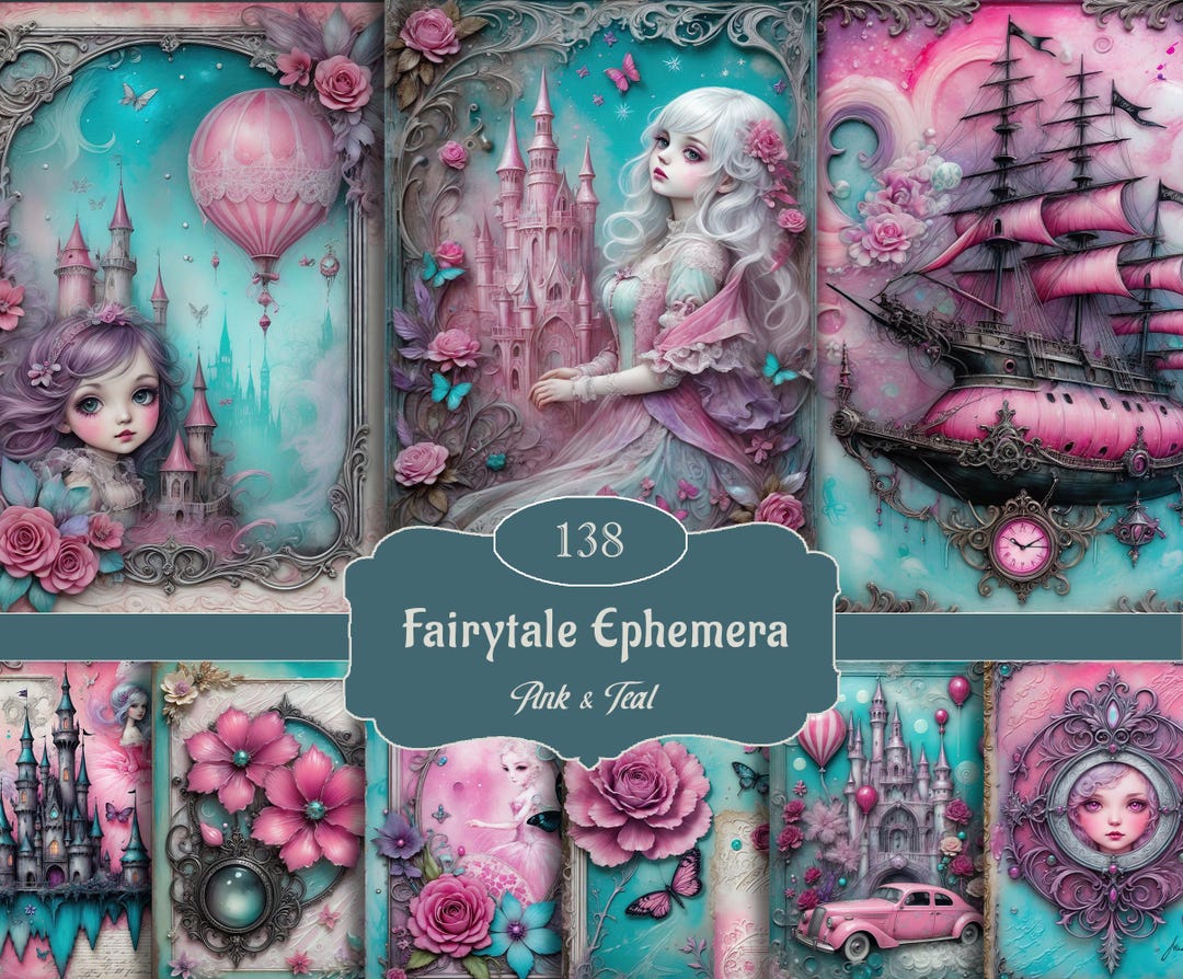 Teal Pink Fairy Junk Journal Paper, Printable Ethereal Digital Download ...