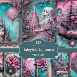 Blågrönt rosa älv-skräpjournalpapper, utskrivbart eteriskt digitalt nedladdningsbart med akvarellblommor, prinsessslott och retrobil för blandteknik