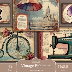 Kit de diario basura con efímeras antiguas, collages imprimibles, efímeras de máquinas de coser, paquete de postales, imprimibles victorianos, papeles antiguos, digitales