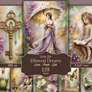 Kit per diario verde e viola, stampe con tecniche miste e acquerelli, effimeri floreali, pagine per album di ritagli boho, download immediato