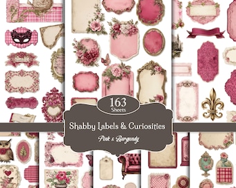 Victorian Junk Journal Tags & Labels, Shabby Pink Stickers, Vintage Scraps, Planner Cutouts  (Digital Download)