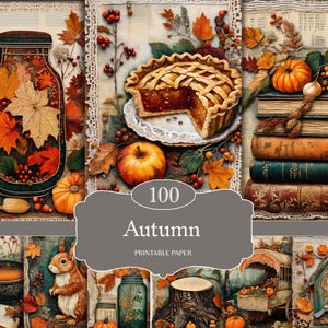 May include: A collage of autumn-themed illustrations. It includes a jar with leaves, a pie, pumpkins, and books. The text "100 Autumn Printable Paper" is in a grey oval.
