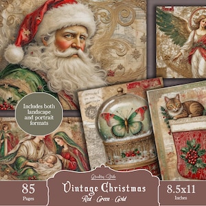 Vintage Christmas Junk Journal Kit, Printable ephemera, scrapbook embellishments, digital pages, and collage sheets. Instant download