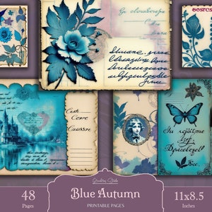 Blue Victorian Junk Journal Pages, Vintage Flowers Background, Junk Journal Printable Paper, Digital Collage Sheet, Instant Download