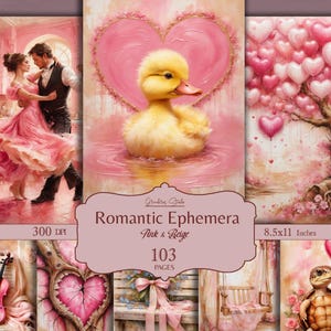 Pages de journal indésirable de la Saint-Valentin, papier de scrapbooking, coeurs et amour, éphémères vintage, romance victorienne, impressions de cartes postales rétro, téléchargement numérique