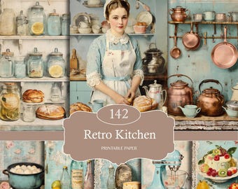 Retro Kitchen Pages, junk journal and scrapbook paper, food images, kitchen, cooking, baking, ingredients, cook book illustration, printable