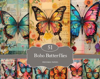 Boho Schmetterling Junk Journal, Digitale Papiere, Vintage Schmetterlinge, Printable Scrapbooking, Schmetterlinge Shabby Chic, Instant Download