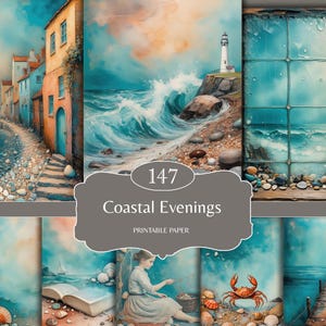 May include: A collection of watercolor-style digital art prints featuring coastal scenes. The images include a lighthouse, crashing waves, seaside buildings, and a pier. The text "147 Coastal Evenings Printable Paper" is displayed on a gray banner.