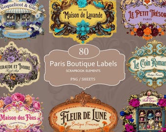 Vintage French Labels PNG & Printable Sheets, Transparent background, Antique Label, Parisian Label Art, Victorian French Stickers, digital