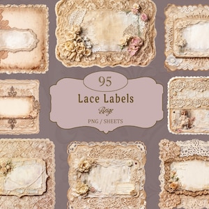 Étiquettes en dentelle beige pour journal créatif | PNG et feuilles | Éphémères vintage style shabby chic | Cadres en dentelle à imprimer | Cliparts d'étiquettes vierges