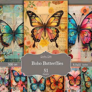 Boho Butterfly Junk Journal, digitaal papier, vintage vlinders, afdrukbare scrapbooking, vlinders shabby chic, instant download