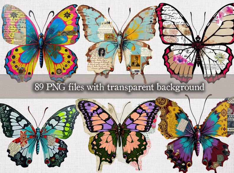 Mixed Media Butterflies PNG & Sheets Bundle, Butterfly Scrapbook ...