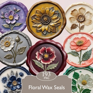 May include: A collection of floral wax seals in various colors, including purple, gold, cream, silver, burgundy, coral, blue, and green. Each seal features a detailed flower design. The image includes the text "193 PNG" and "Floral Wax Seals".