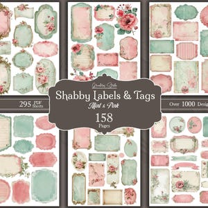 Shabby Chic Junk Journal Labels Kit, Embellishments, Vintage Ephemera Cutouts, Neutral Printable Scrap elements, Pink Mint, Digital Download