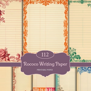 May include: A collection of Rococo writing paper designs. Each sheet features a cream-colored background with horizontal lines and decorative borders in various colors, including red, orange, green, and blue. The design includes floral and scrollwork elements.