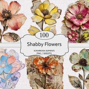 Shabby Flowers PNG, blommiga scrapbook-element, botaniska utklipp, collageark, skräpjournalkonst, utskrivbara hantverksstycken, digital nedladdning