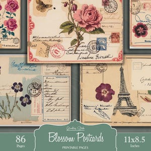 Druckbare Vintage Blumen Postkarte, Schäbige Rose, gealtertes Papier, Romantische Postkarte, Scrapbook Papier, Journal Einleger, Junk Journal, Digital