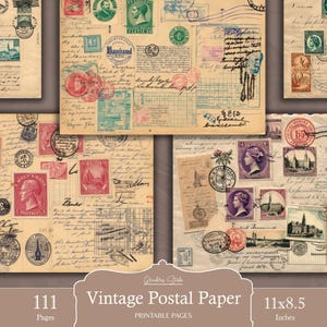 Paquete de postales efímeras para diarios basura, sellos antiguos y estilo manuscrito, hojas de collage de papel antiguo imprimibles, descarga digital