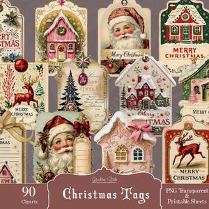 Könnte beinhalten: Eine Sammlung von neunzig dekorativen Weihnachtsanhängern mit Vintage-Illustrationen von Weihnachtsmann, Rentieren, verschneiten Häusern und Tannenbäumen. Jeder Anhänger enthält festliche Motive und den Text Merry Christmas.