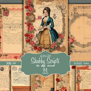 Kit imprimible de elementos florales vintage efímeros con documentos, cartas manuscritas y postales antiguas. Ideal para diarios basura y manualidades shabby chic.