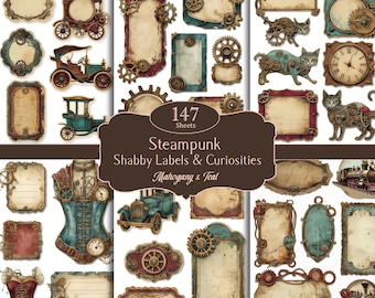 Steampunk Shabby-labels en -tags | JPG + PDF | Bundel met grunge kieskeurig gesneden ephemera | Afdrukbare steampunk-scrapbookkit (digitale download)