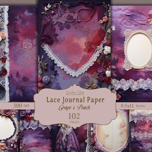 Carnet de notes victorien avec dentelle, tons violet foncé et objets éphémères victoriens. Parfait pour le scrapbooking et les cartes d'invitation, téléchargement numérique