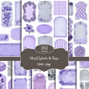 May include: A collection of 161 motif labels and tags in violet and gray. The labels and tags feature various shapes, including rectangles, ovals, and decorative frames. Some have floral and paisley designs. The text "Motif Labels & Tags" and "Violet & Gray" are visible.
