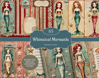 Junk Journal Printable, Mermaid Junk Journal, Lace Junk Journal , Whimsical Mermaids, Scrapbook Pages, Craft Paper, Printable Collage