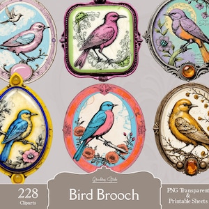 鳥のクリップアート、ブローチ、ジュエリー、PNG およびシート、デジタル画像、カード作成用のダウンロード、スクラップブック ジャンク ジャーナル、ペーパー クラフト、DIY ペンダント