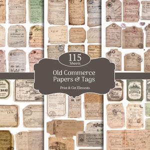 Puede incluir: Una colección de papeles y etiquetas de estilo vintage con texturas envejecidas y colores descoloridos. La imagen incluye varias formas y tamaños de efímeras, algunas con sellos y detalles manuscritos. El texto dice "Old Commerce Papers & Tags" y "115 Sheets".