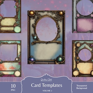 Card Templates perfect for card games, junk journals, spellbooks, Tarot & more. Each design comes in PNG format with transparent background