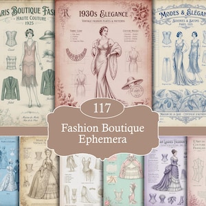 May include: A collection of vintage-style fashion ephemera sheets featuring 1920s and 1930s illustrations of dresses, corsets, and jackets. The prints include text such as Paris Boutique Fashion, 1930s Elegance, and Modes & Elegance with detailed sketches.