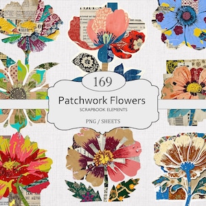 Puede incluir: Una colección de diseños de flores de patchwork coloridas. Las flores están hechas de varios papeles y telas estampadas, con una variedad de colores que incluyen rojo, amarillo, azul y verde. La imagen incluye el texto "169 Patchwork Flowers, Scrapbook Elements, PNG / SHEETS."