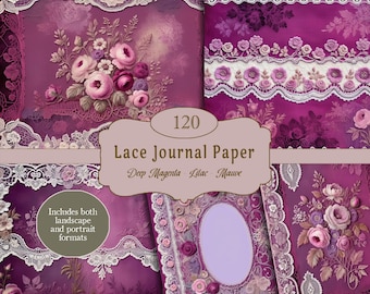 Lace Journal Pages Printable, Magenta, Victorian Lace, Digital Paper, Vintage Lace Backgrounds for Junk Journals, Scrapbooking, Card Making