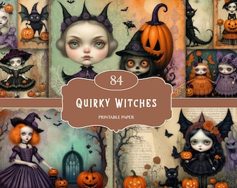 Quirky Witches Junk Journal Papers, Whimsical Halloween Printables, Pumpkins & Spooky Scenes, Digital Scrapbook Paper Kit (Digital Download)