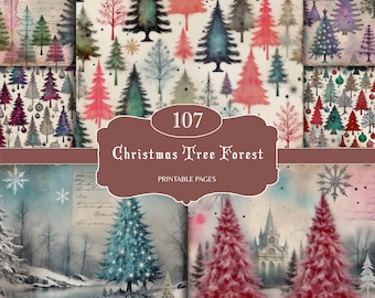 May include: A collage of watercolor Christmas tree designs in various colors, including pink, green, and blue. The image features the text "107 Christmas Tree Forest Printable Pages" in a brown banner, with snowflakes and winter landscape scenes.