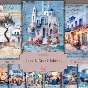 Diario estivo, carta digitale, stampabile con pizzo, scrapbooking digitale, carta costiera, Mykonos, Santorini, isole greche, effimeri estivi