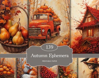 Autumn Junk Journal Paper, Fall Ephemera, Vintage Scrapbook Pages, Printable Digital Paper Kit, Autumn Collage Sheets  (Digital Download)
