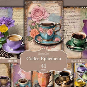 Foglio collage caffè, download digitali, pagina stampabile accogliente, diario, kit diario Coffee Junk, pagine di diario vintage, confezione di carta per tazze da caffè