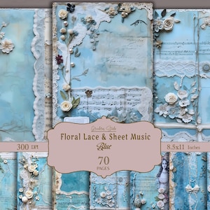 Blue Lace journal pages, digital paper for Scrapbook and Junk journal, antique, background, lace, fabric, embellishments, printable images
