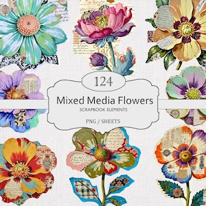May include: A collection of mixed media flower scrapbook elements. The flowers are in various colors, including blue, yellow, orange, and purple, with vintage paper accents. The image includes the text "124 Mixed Media Flowers, Scrapbook Elements, PNG / Sheets."