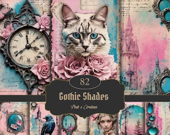 Pink Gothic, Junk Journal Pages, Blue Gothic, printable Pages, collage sheets, scrapbooking card, Enigmatic paper, Pink ephemera, Digital