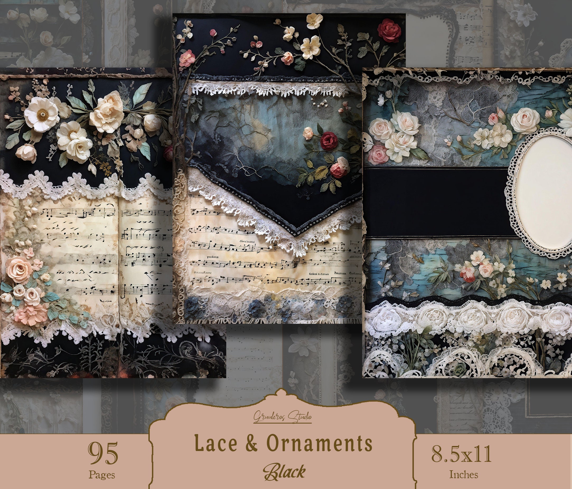 Lace Junk Journal, Printable, Black Lace Images, Lace Digital Journal ...