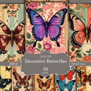 Decorative Butterflies, Printable Junk Journal, Butterfly Shabby Page, Junk Journal Printable Paper, Digital Collage Sheet, Instant Download