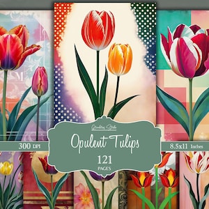 Papiers numériques audacieux et lumineux sur le thème des tulipes pour journaux et albums de coupures. pages haute résolution dans un style opulent et vif. Téléchargement instantané